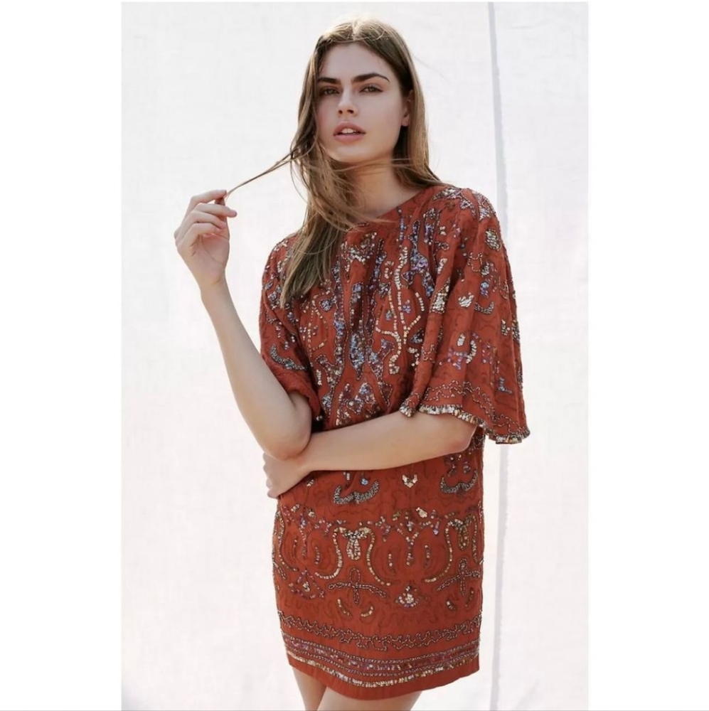 Free People | Bali Light My Fire Sequin Beaded Mini Dress In Brick Size XS